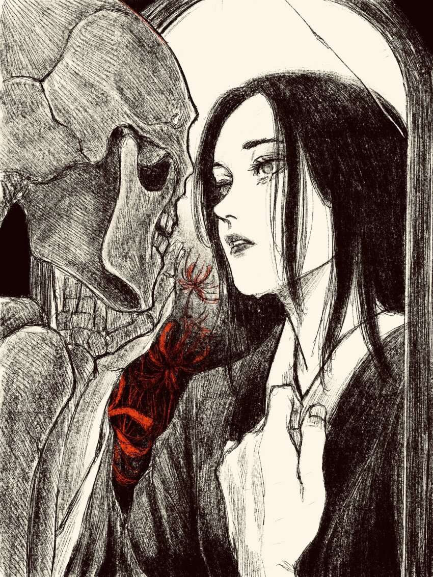 1girl black_hair flower greyscale highres japanese_clothes kimono long_hair looking_at_another mirror monochrome original red_flower skeleton solo spider_lily spot_color tp_p_pt