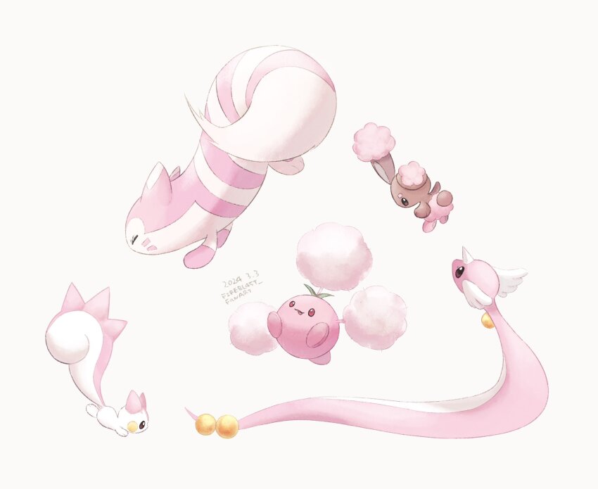 artist_name buneary colored_skin dated dragonair fireblast furret gen_1_pokemon gen_2_pokemon gen_4_pokemon head_wings highres horns jumpluff nintendo no_humans pachirisu pink_fur pink_skin pink_theme pokemon pokemon_(creature) rabbit red_eyes simple_background single_horn snake squirrel tail white_background wings