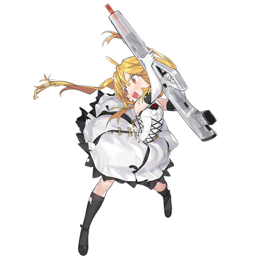 1girl aged_down assault_rifle birdcage_flash_hider black_shoes blonde_hair blush bullpup burst_fire_gun burst_fire_rifle double-stack_magazine double-stack_single-feed_magazine dress elbow_gloves full_body girls&#039;_frontline gloves gun hair_ribbon highres long_gun long_hair lu_yin magazine_(weapon) muzzle_device needlegun official_alternate_costume official_art open_mouth personification pink_eyes prototype_design ribbon rifle s-acr_(girls&#039;_frontline) s-acr_(wind-chasing_witch)_(girls&#039;_frontline) see-through_clothes shoes single-feed_magazine solo standing steyr_acr steyr_arms torn_clothes torn_dress translucent weapon white_dress white_gloves