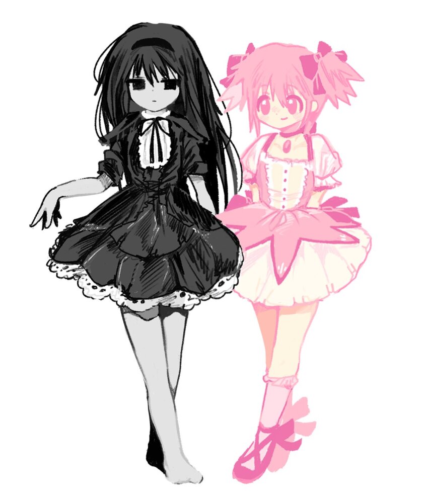 2girls akemi_homura akemi_homura_(black_dress) arms_behind_back bare_arms bare_legs barefoot black_dress black_eyes black_hair black_hairband black_ribbon bow bow_choker buttons center_frills chest_jewel choker closed_mouth collarbone collared_shirt colored_skin cross-laced_shoes crossed_legs dot_nose dress dress_bow empty_eyes expressionless footwear_bow frilled_dress frilled_sleeves frilled_socks frills full_body gem grey_skin hair_between_eyes hair_bow hairband happy highres jitome kaname_madoka kaname_madoka_(magical_girl) kerimka31328031 kneehighs lace lace-trimmed_dress lace_trim light_blush long_hair looking_at_another magical_girl mahou_shoujo_madoka_magica mahou_shoujo_madoka_magica:_hangyaku_no_monogatari mary_janes miniskirt multiple_girls neck_ribbon official_alternate_costume outstretched_hand pink_bow pink_choker pink_dress pink_eyes pink_gemstone pink_hair pink_shoes pink_socks pleated_skirt puffy_short_sleeves puffy_sleeves ribbon shirt shirt_under_dress shoes short_dress short_hair short_sleeves short_twintails simple_background skirt skirt_under_dress sleeve_cuffs smile socks square_neckline standing straight_hair tareme twintails very_long_hair white_background white_shirt white_skirt white_sleeves