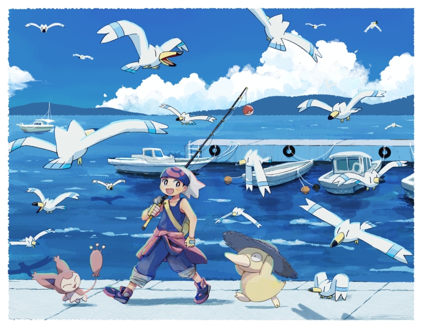 1boy bandana black_pants black_shirt black_shoes blue_eyes boat border brendan_(pokemon) cloud cloudy_sky fingerless_gloves fishing_rod flying game_freak gen_1_pokemon gen_3_pokemon gloves hat holding holding_fishing_rod light_blush looking_at_another mountainous_horizon nintendo open_mouth pants pier poke_ball poke_ball_(basic) pokemon pokemon_(creature) pokemon_rse popcorn_91 psyduck shirt shoes short_hair skitty sky sleeveless water watercraft white_border white_hair wingull yellow_bag yellow_gloves