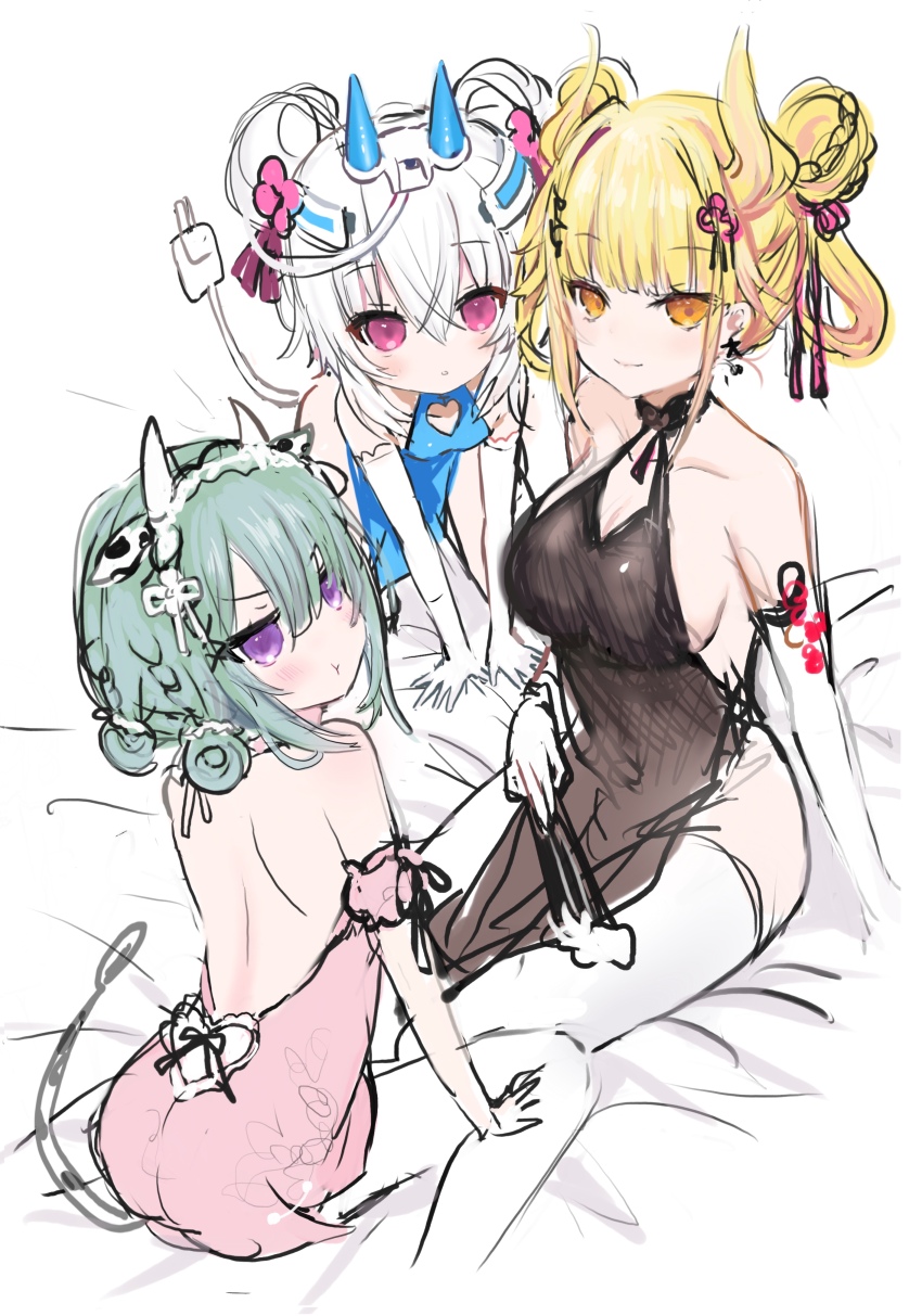 3girls :t absurdres all_fours amrzs_(vtuber) animal_ears backless_dress backless_outfit bare_shoulders bed_sheet black_dress blonde_hair blue_dress breasts brown_eyes cable cable_tail china_dress chinese_clothes cleavage closed_mouth clothing_cutout cow_ears cow_girl cow_horns cow_tail double_bun dress elbow_gloves folded_fan folding_fan gloves green_hair hair_bun hair_rings hand_fan heart_cutout highres holding holding_fan horns large_breasts mechanical_tail monstar_(company) multiple_girls olda_(vtuber) padko pink_dress pout purple_eyes shiodome_oji sitting sketch sleeveless sleeveless_dress square_live tail thighhighs virtual_youtuber wariza white_gloves white_hair white_thighhighs
