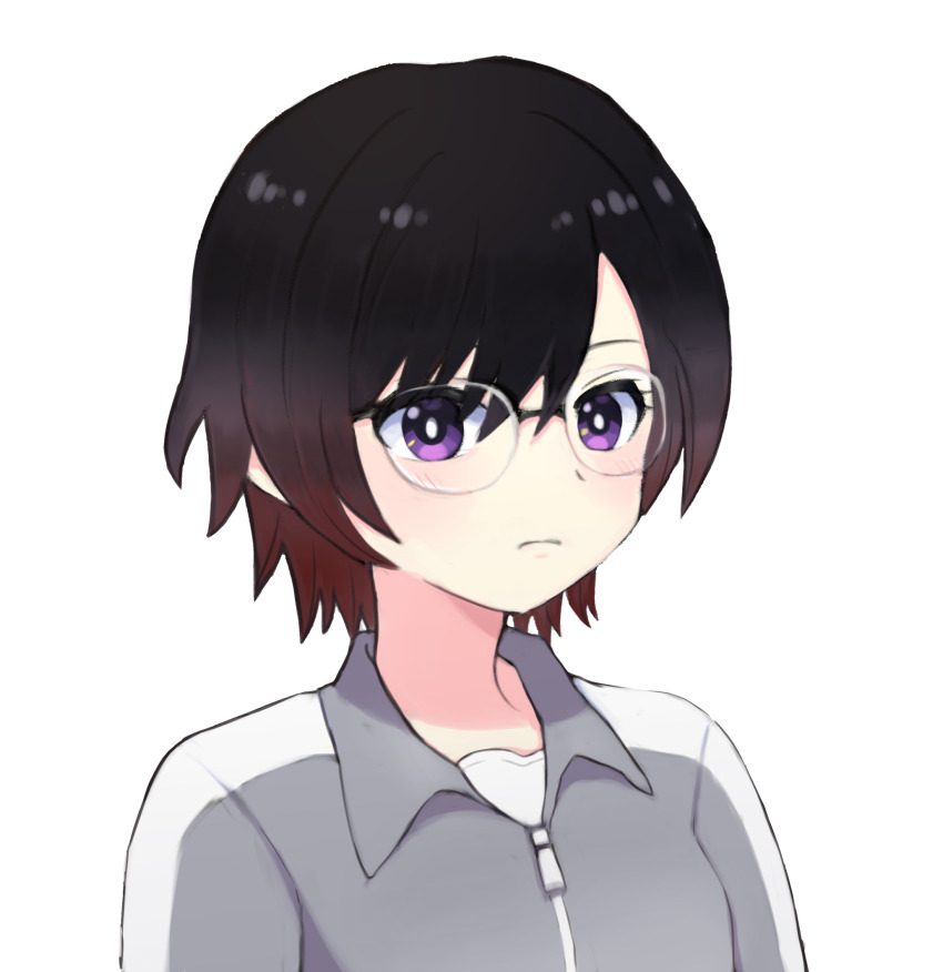 1girl architect_(crossover_nexus) black_hair crossover_nexus_project crossover_nexus_series glasses gradient_hair highres iinano_(inanosuke) isekai_monogatari_series jacket multicolored_hair purple_eyes red_hair short_hair track_jacket track_suit transparent_background