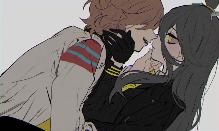 2girls agnes_tachyon_(tach-nology)_(umamusume) agnes_tachyon_(umamusume) ahoge animal_ears black_coat black_gloves black_hair brown_hair coat commentary_request ear_ornament ear_tag earrings expressionless gloves hair_between_eyes hair_over_one_eye hand_on_another&#039;s_chin hand_on_another&#039;s_face hand_up highres horse_ears horse_girl imminent_kiss jewelry lab_coat long_bangs long_hair long_hair_between_eyes long_sleeves manhattan_cafe_(creeping_black)_(umamusume) manhattan_cafe_(umamusume) mii_(sogemasaru) multicolored_hair multiple_girls necktie parted_lips short_hair simple_background single_earring smile umamusume very_long_hair white_background white_coat white_hair yellow_necktie yuri