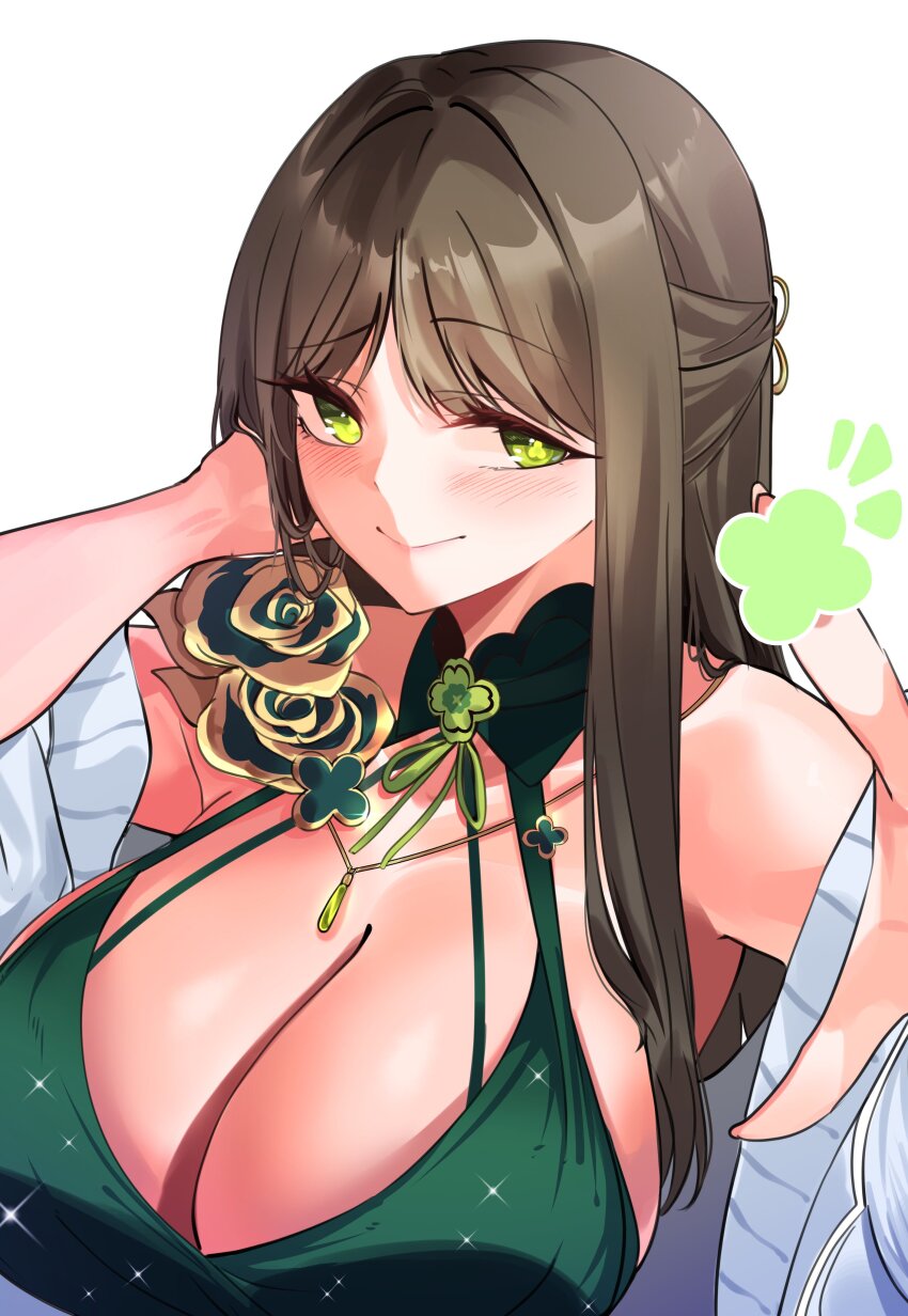 1girl absurdres black_survival breasts brown_hair cleavage clover-shaped_pupils collar dress eternal_return:_black_survival green_collar green_dress green_eyes gweon_sua highres jewelry large_breasts long_hair necklace solo symbol-shaped_pupils upper_body uwa81087288