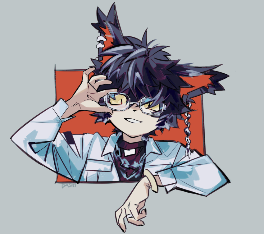 1boy aak_(arknights) animal_ears arknights black_hair cat_boy cat_ears coat ear_piercing glasses hand_up highres ieiieiiei male_focus piercing short_hair slit_pupils smile solo upper_body white_coat yellow_eyes