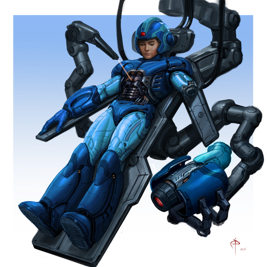 1boy absurdres alex_palma amputee android arm_cannon armor blue_armor blue_background cable closed_mouth commentary detached_arm english_commentary full_body gradient_background half-closed_eyes helmet highres joints laser lying machinery maintenance male_focus mechabare mega_man_(series) mega_man_x_(series) on_back robot_joints signature simple_background solo weapon white_background x_(mega_man)