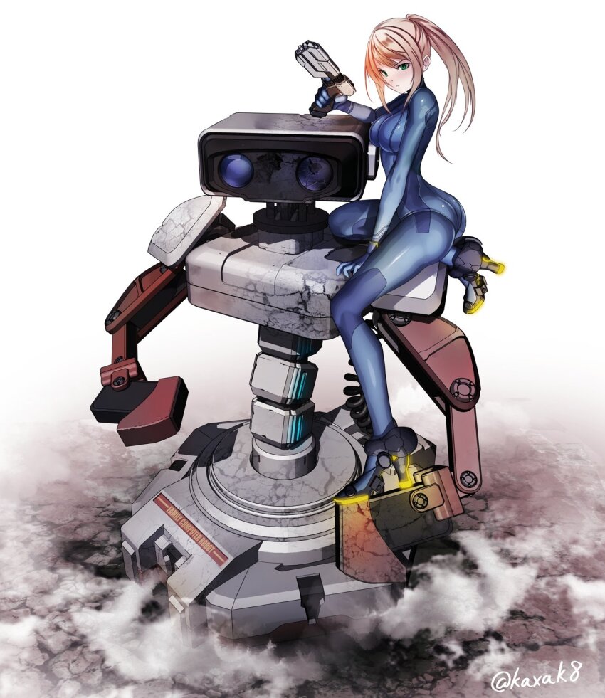 1girl artist_name ass blonde_hair blue_bodysuit bodysuit breasts family_computer_robot glowing_shoe_soles gun highres kakizaka_hachishika long_hair looking_at_viewer medium_breasts metroid nintendo ponytail robot samus_aran super_smash_bros. weapon