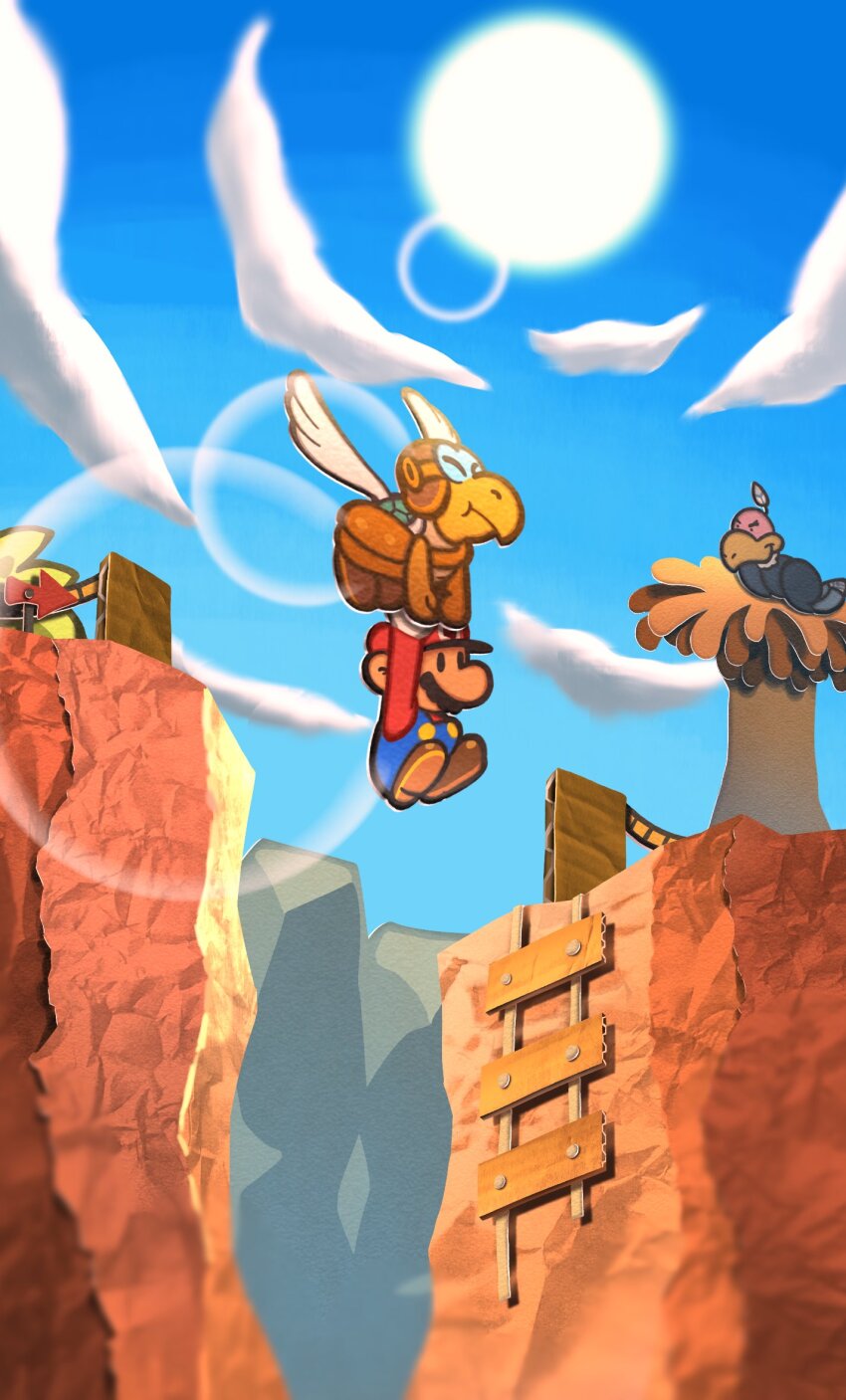 bird bird_nest black_eyes blue_sky brown_footwear buzzar_(paper_mario) newsboy_cap cloud facial_hair gloves hat highres koopa_paratroopa mailbag maribou_(supermaribou) mario mario_(series) mustache nest nintendo paper_mario paper_mario_(character) paper_mario_64 parakarry red_hat red_shirt shirt sky sun vulture white_gloves wings