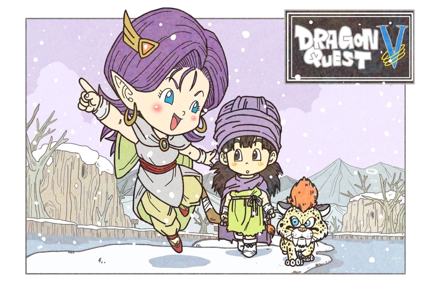1boy 1girl 1other aged_down bella_(dq5) black_eyes black_hair blue_eyes blue_gemstone boomerang boots borongo bracelet cape chibi child copyright_name dragon_quest earrings fairy fenyon gem gold_earrings great_sabrecub green_tunic hair_ornament hero_(dq5) highres holding_boomerang hoop_earrings jewelry long_hair looking_at_another male_focus open_mouth orange_gemstone outdoors parted_hair pointing pointing_up pointy_ears purple_hair purple_turban smile snow snowing spotted_fur tunic turban white_boots