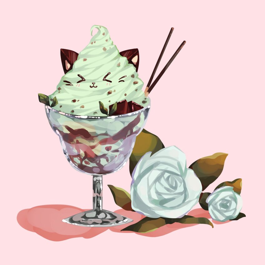 &gt;_&lt; :3 animal-themed_food cat chocolate chocolate_chip commentary english_commentary flower food food_focus glass highres ice_cream leaf mint_chocolate mint_chocolate_(razschi) mumechi no_humans original pink_background plant pocky rose shadow simple_background white_flower white_rose
