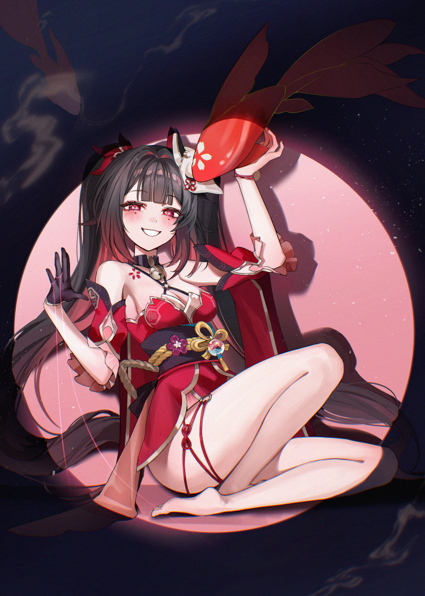 1girl absurdres bare_legs bare_shoulders barefoot black_gloves black_sash blush breasts brown_hair circle_facial_mark cleavage commentary dress feet flower_tattoo fox_mask gloves grin hair_ribbon highres honkai:_star_rail honkai_(series) japanese_clothes koi legs long_hair looking_at_viewer mark_under_both_eyes mask mask_on_head medium_breasts red_dress red_eyes red_ribbon ribbon sash shoulder_tattoo single_glove smile solo sparkle_(honkai:_star_rail) tattoo twintails very_long_hair zije
