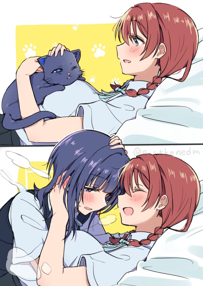 2girls absurdres asaka_karin black_sweater_vest blue_eyes blue_shirt blush braid breasts cat_on_chest closed_eyes commentary_request e_atkenedm emma_verde freckles hand_on_another&#039;s_head highres kunchim2_cat_transformation_template_(meme) large_breasts love_live! love_live!_nijigasaki_high_school_idol_club meme multiple_girls nijigasaki_school_uniform parted_lips purple_cat red_hair school_uniform shirt short_sleeves smile sweater_vest transformation twin_braids twitter_username yuri