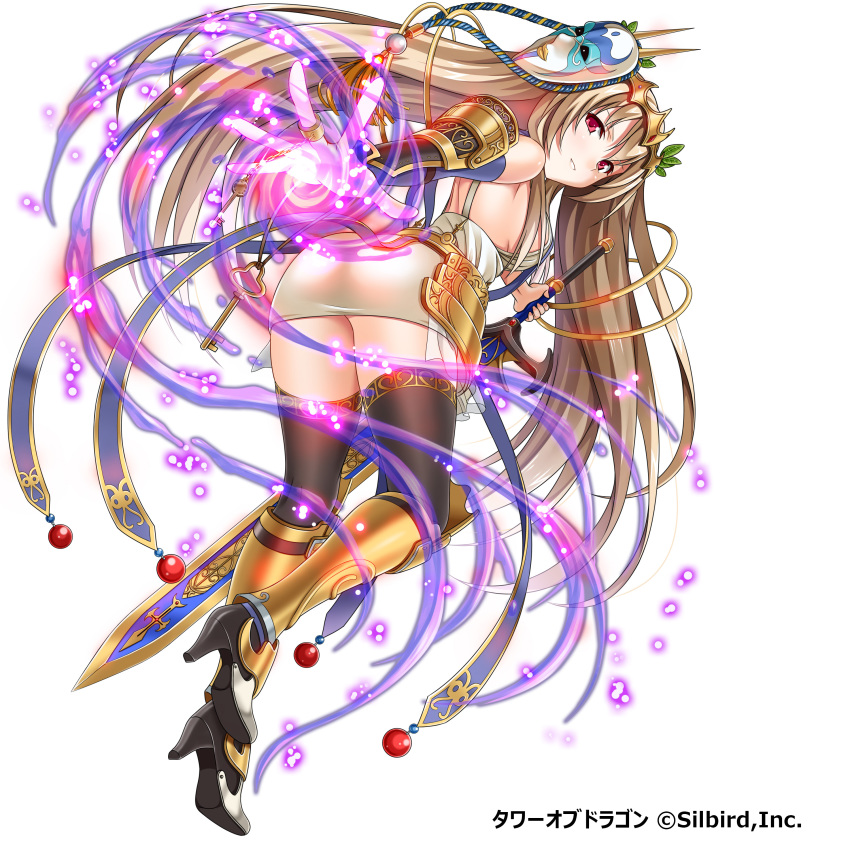 1girl absurdres black_thighhighs blue_eyes breasts brown_hair female_focus hair_ornament highres holding holding_sword holding_weapon long_hair looking_at_viewer magic medium_breasts sideboob simple_background smile solo sword thighhighs tower_of_dragon violetshit weapon white_background