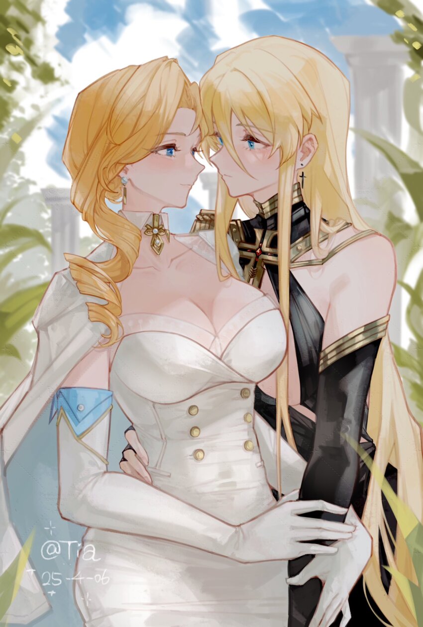 2girls azur_lane bismarck_(azur_lane) bismarck_(beacon_of_the_iron_blood)_(azur_lane) black_dress blonde_hair blue_eyes breasts cleavage closed_mouth cloud coat coat_on_shoulders column commentary cross cross_earrings dated detached_collar detached_sleeves dress earrings elbow_gloves english_commentary epaulettes evening_gown eye_contact face-to-face facing_another gloves hair_over_shoulder highres holding_another&#039;s_arm hood_(azur_lane) hood_(dawnlight&#039;s_dame)_(azur_lane) imminent_kiss iron_blood_(emblem) iron_cross jewelry large_breasts long_hair looking_at_another multiple_girls outdoors pillar single_bare_shoulder single_epaulette sky smile tiatan twitter_username very_long_hair white_coat white_dress white_gloves yuri