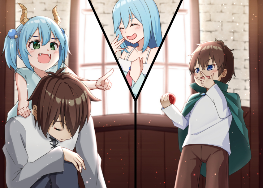 2boys 2girls :d ^_^ aqua_(konosuba) bare_arms black_pants blue_dress blue_eyes blue_hair blurry blurry_background blush brick_wall brown_hair brown_pants cloak closed_eyes commentary_request commission day depth_of_field dress green_cloak green_eyes grey_shirt hair_between_eyes holding horns if_they_mated indoors kono_subarashii_sekai_ni_shukufuku_wo! long_hair multiple_boys multiple_girls nenosame off-shoulder_dress off_shoulder open_mouth pants pointing satou_kazuma shirt skeb_commission smile sunlight twintails white_shirt window