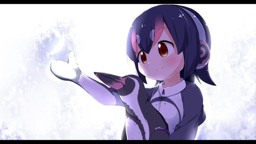 10s 1girl animal bird brown_eyes commentary feathers grape-kun headphones highres hood hooded_jacket humboldt_penguin_(kemono_friends) jacket kemono_friends letterboxed makuran multicolored_hair outstretched_arm penguin pink_hair purple_eyes short_hair smile two-tone_hair