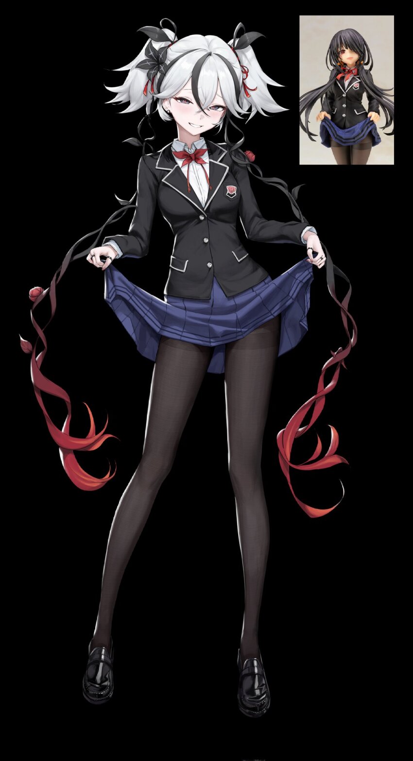 1girl black_background black_eyes black_hair black_pantyhose black_shoes black_vest blue_skirt bow bowtie breasts camellya_(wuthering_waves) clothes_lift cosplay date_a_live hashtag-only_commentary highres lifting_own_clothes long_hair multicolored_hair pantyhose parted_lips pleated_skirt red_bow red_bowtie red_hair reference_inset school_uniform shirt shoes skirt skirt_lift small_breasts smile solo tokisaki_kurumi tokisaki_kurumi_(cosplay) twintails very_long_hair vest white_hair white_shirt wuthering_waves youngjoo_kjy
