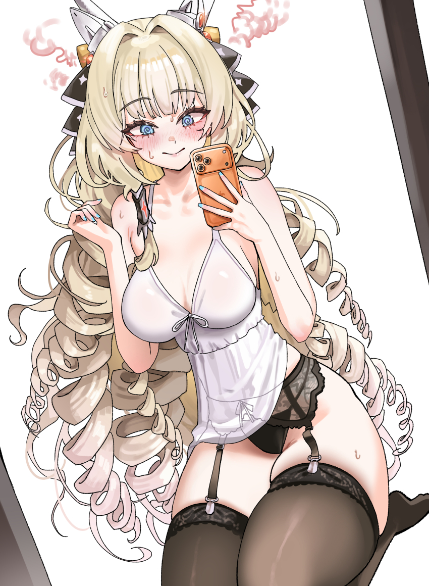 1girl @_@ absurdres alternate_costume babydoll black_panties black_thighhighs blonde_hair blue_eyes blush breasts crown_(nikke) drill_hair freeman_(tkuh4475) garter_belt goddess_of_victory:_nikke highres holding holding_phone large_breasts long_hair looking_at_phone panties phone seiza sitting skindentation solo thighhighs thighs too_many_drills underwear very_long_hair white_babydoll
