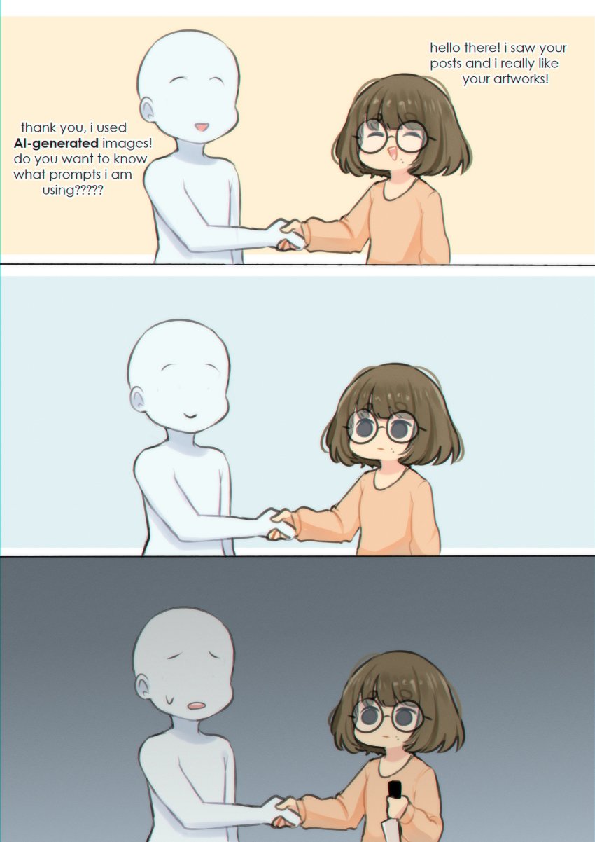 1girl 1other :d absurdres ai-generated_art_(topic) black-framed_eyewear brown_hair brown_sweater closed_mouth commentary english_commentary english_text expressionless glasses gradient_background grey_background happy highres holding holding_knife knife looking_at_another neqo_(neneneqo) open_mouth original short_hair smile sweatdrop sweater teeth upper_body upper_teeth_only