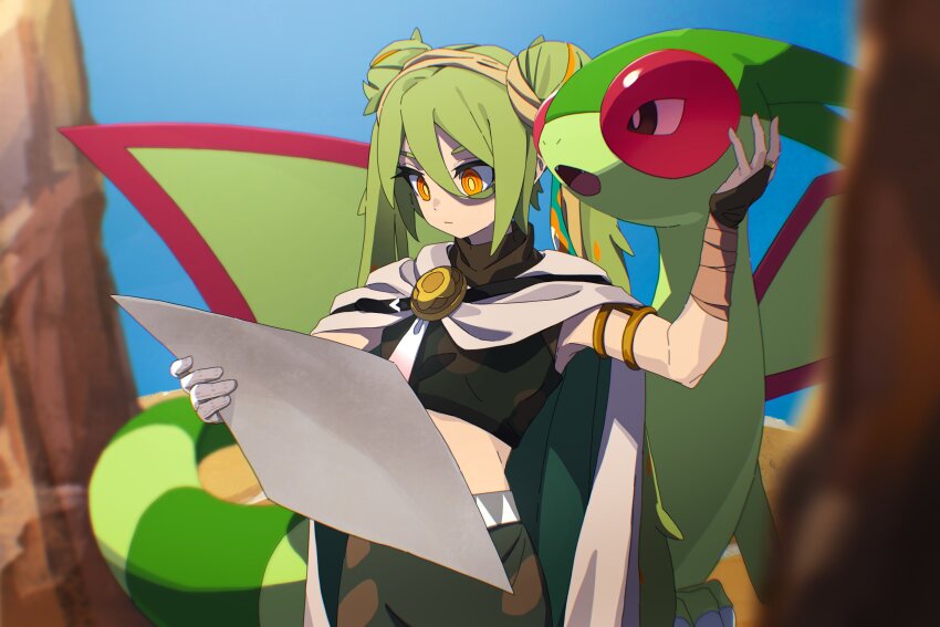 1girl absurdres bandaged_arm bandages blurry blurry_background blurry_foreground breasts cloak closed_mouth crop_top day double_bun fangs flygon gen_3_pokemon gloves green_hair ground_miku_(project_voltage) hair_bun hatsune_miku highres holding hoshio_illust nintendo open_mouth orange_eyes orange_hair outdoors pants pokemon pokemon_(creature) project_voltage single_glove small_breasts twintails vocaloid white_gloves