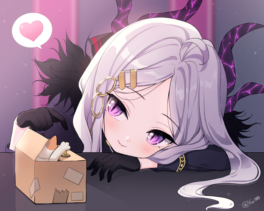 ahoge black_coat black_gloves blue_archive blush box cat coat coat_on_shoulders demon_girl demon_horns gloves heart highres hina_(blue_archive) horns long_hair nishiki_koi purple_eyes useless_machine white_hair