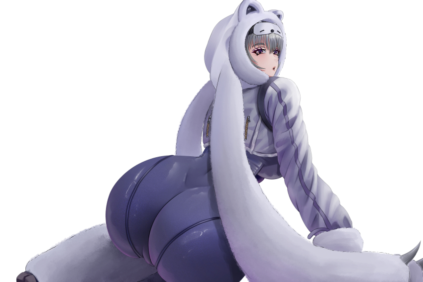 1girl absurdres animal_costume animal_hood ass bear_costume bear_hood blue_bodysuit bodysuit breasts from_behind goddess_of_victory:_nikke grey_hair highres hood huge_ass impossible_bodysuit impossible_clothes large_breasts looking_at_viewer looking_back mask mask_on_head neve_(nikke) open_mouth short_hair simple_background sitting skin_tight sleep_mask solo white_background wiiriik