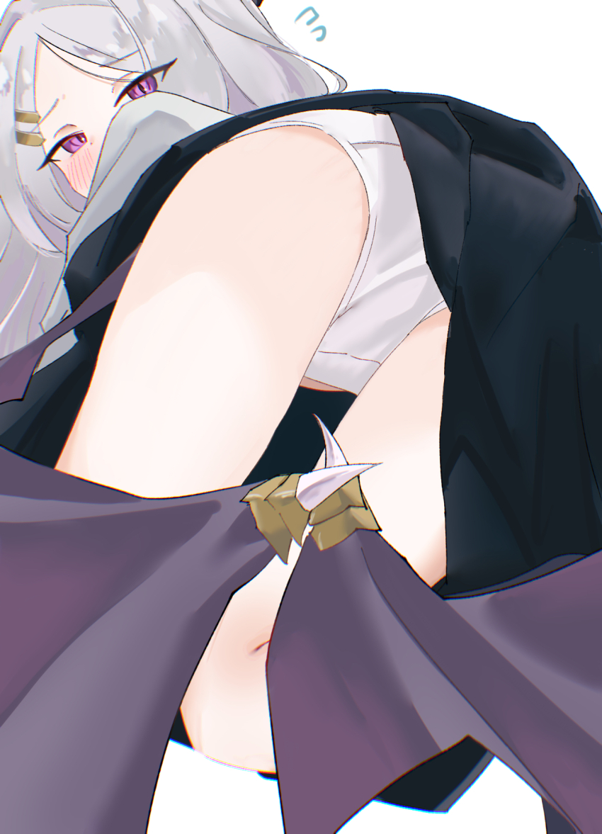 1girl ahoge all_fours alternate_costume ass black_skirt black_socks blue_archive blush commentary_request demon_girl demon_horns demon_wings flying_sweatdrops forehead from_behind good_ass_day hair_ornament hairclip highres hina_(blue_archive) horns kneehighs loli long_hair long_sleeves looking_at_viewer looking_back navel panties parted_bangs pencil_skirt purple_eyes shirt side_slit sidelocks simple_background skirt socks solo takamalu08_12 underwear wavy_hair white_background white_hair white_panties white_shirt wings