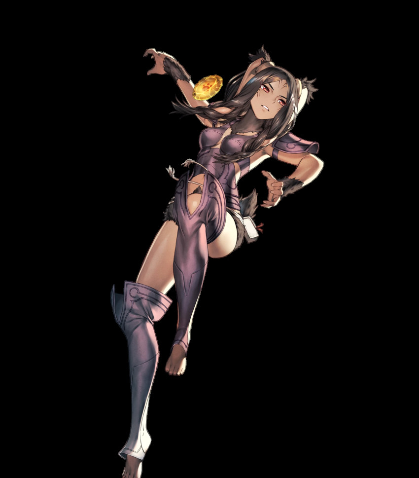 1girl animal_ears armor barefoot braid brown_hair chyko dark-skinned_female dark_skin facial_mark feet female_focus fire_emblem fire_emblem_awakening fire_emblem_heroes full_body glowing highres long_hair nintendo official_art panne_(fire_emblem) parted_bangs pouch rabbit_ears rabbit_girl rabbit_tail red_eyes solo taguel tail toeless_legwear toes transparent_background twin_braids