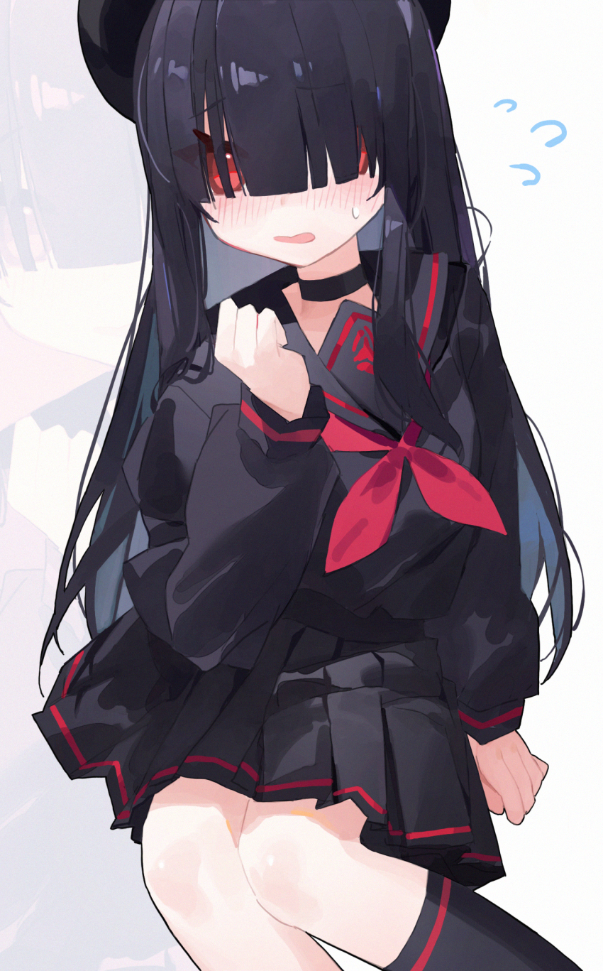 1girl black_choker black_hair black_headwear black_sailor_collar black_serafuku black_shirt black_skirt black_socks blue_archive blunt_bangs blush choker commentary extra feet_out_of_frame flying_sweatdrops hair_over_eyes hand_up highres justice_task_force_member_(blue_archive) kneehighs long_bangs long_hair long_sleeves measho neckerchief open_mouth pleated_skirt puffy_long_sleeves puffy_sleeves red_eyes red_neckerchief sailor_collar school_uniform serafuku shirt sidelocks sitting skirt socks solo_focus sweatdrop yokozuwari zoom_layer