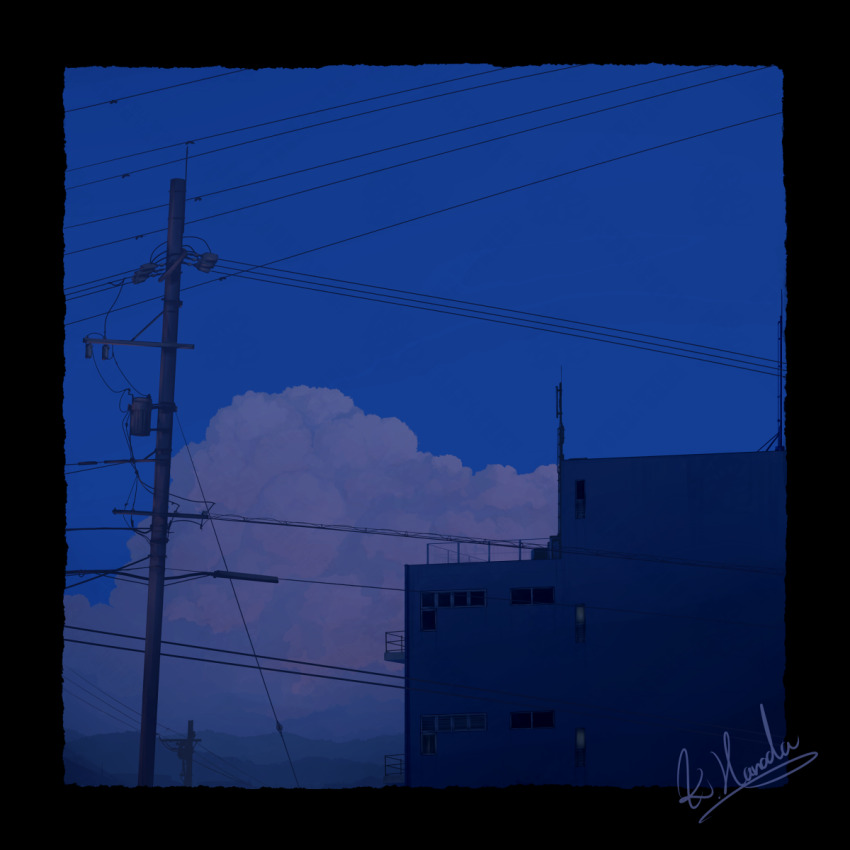 alu.m_(alpcmas) blue_sky building cloud cloudy_sky dusk highres no_humans original outdoors power_lines scenery signature sky utility_pole