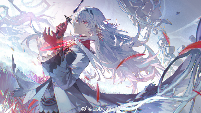 1girl astero_(ex_astris) black_hairband bright_pupils chinese_commentary closed_mouth cloud cloudy_sky coat collared_shirt commentary_request cowboy_shot ex_astris expressionless eyelashes feather-trimmed_coat feather_trim flower gloves gold_ring hairband highres holding holding_wand jewelry lobelia_(saclia) long_hair long_sleeves looking_at_viewer loose_hair_strand multiple_rings official_art outdoors plant_roots promotional_art red_eyes red_flower red_gloves red_shirt ring ruins shirt sky solo spider_lily train_(clothing) turtleneck turtleneck_shirt very_long_hair wand watermark weibo_watermark white_coat white_hair white_pupils white_sleeves wide_sleeves