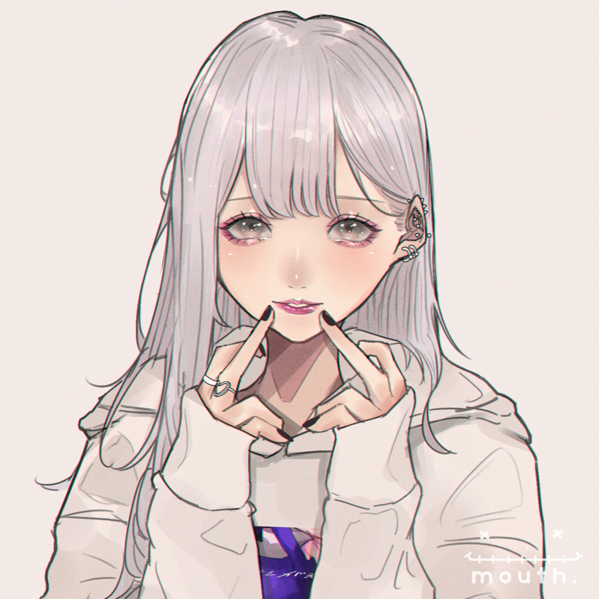 1girl aegyo_sal artist_logo barbell_piercing black_nails commentary_request earrings eyelashes eyeshadow grey_background grey_eyes grey_hair grey_hoodie hands_up heart_ring highres hood hood_down hoodie jewelry light_smile lips lipstick logo long_hair long_sleeves looking_at_viewer makeup mano_aaa multiple_rings nail_polish original parted_lips piercing pink_eyeshadow pink_lips ring simple_background sleeves_past_wrists solo stud_earrings upper_body