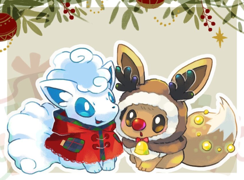 alolan_form alolan_vulpix bell blue_eyes bright_pupils brown_eyes christmas christmas_tree commentary_request eevee gen_1_pokemon gen_7_pokemon nintendo no_humans open_mouth pokemon pokemon_(creature) sitting smile toneko white_pupils