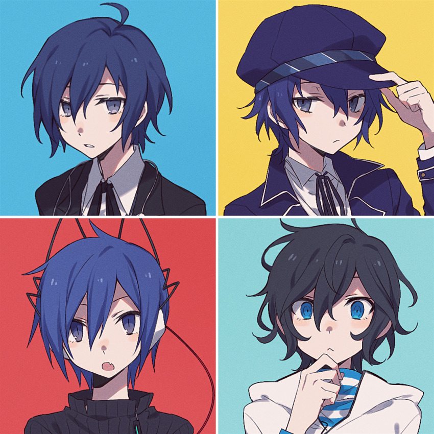 1girl 3boys ahoge androgynous black_hair black_shirt blue_eyes blue_hair blue_jacket closed_mouth collared_shirt commentary dark_blue_hair devil_survivor_(series) devil_survivor_2 eyelashes frown gesshoku3 hair_between_eyes hat headphones hood hoodie jacket looking_at_viewer multicolored_background multiple_boys open_mouth persona persona_3 persona_4 portrait protagonist_(devil_survivor) protagonist_(devil_survivor_2) reverse_trap ringed_eyes shirogane_naoto shirt short_hair slit_pupils wavy_hair white_hoodie white_shirt wire yuuki_makoto_(persona_3)