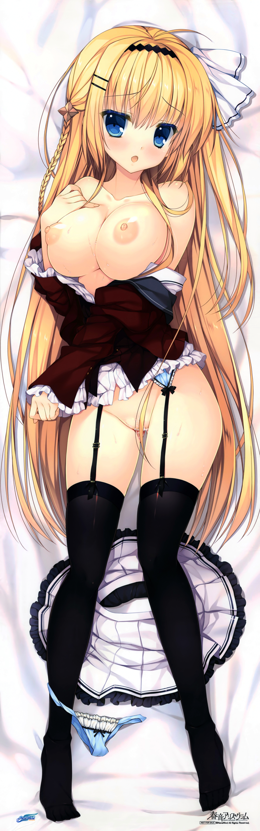 1girl absurdres bed_sheet black_thighhighs blonde_hair blue_eyes blue_panties blush braid breasts convenient_censoring copyright_notice dakimakura_(medium) full_body garter_straps hair_censor hair_ornament hairband hairclip haruoto_alice_gram highres kuonji_kazuha_(harugura) large_breasts log long_hair long_sleeves lying miniskirt mitha nipples non-web_source not_for_sale off_shoulder official_art on_back open_mouth panties panties_around_leg photoshop_(medium) pleated_skirt skirt solo sweat thighhighs underwear unworn_skirt very_long_hair