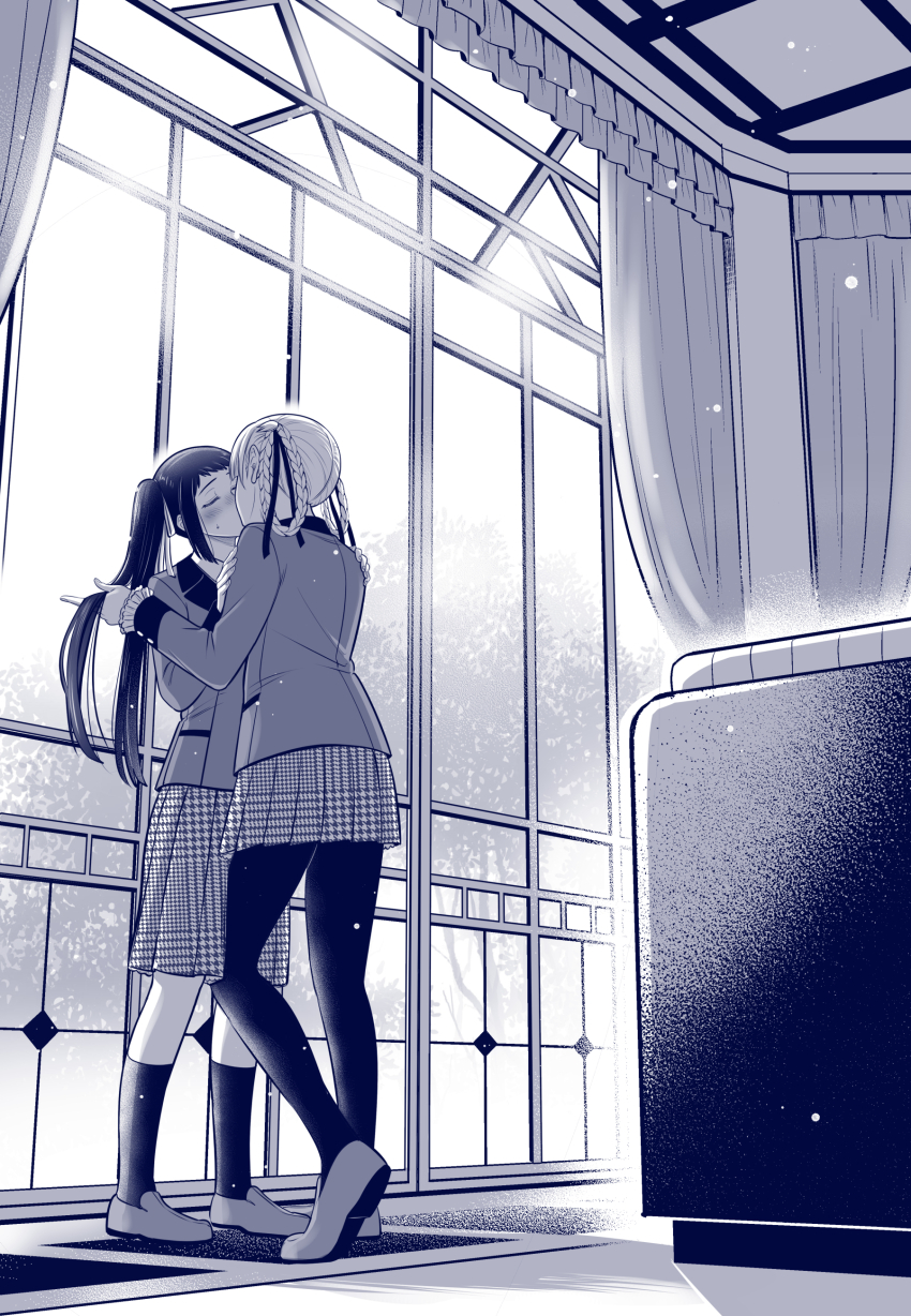 2girls absurdres blush braid braided_hair_rings closed_eyes commentary_request curtains greyscale hair_rings highres holding_another&#039;s_hair hyakkaou_academy_school_uniform igarashi_sayaka indoors jacket kakegurui kanbayashi_makoto kiss long_hair long_sleeves momobami_kirari monochrome multiple_girls pantyhose school_uniform shoes side_ponytail skirt standing window yuri