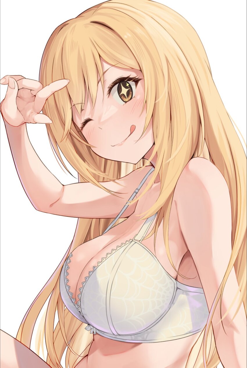 1girl ;q blonde_hair bra breasts cleavage highres k3rd large_breasts long_hair looking_at_viewer one_eye_closed shokuhou_misaki solo sparkling_eyes spider_web_print toaru_kagaku_no_mental_out toaru_kagaku_no_railgun toaru_majutsu_no_index tongue tongue_out underwear v v_over_eye white_background white_bra yellow_eyes
