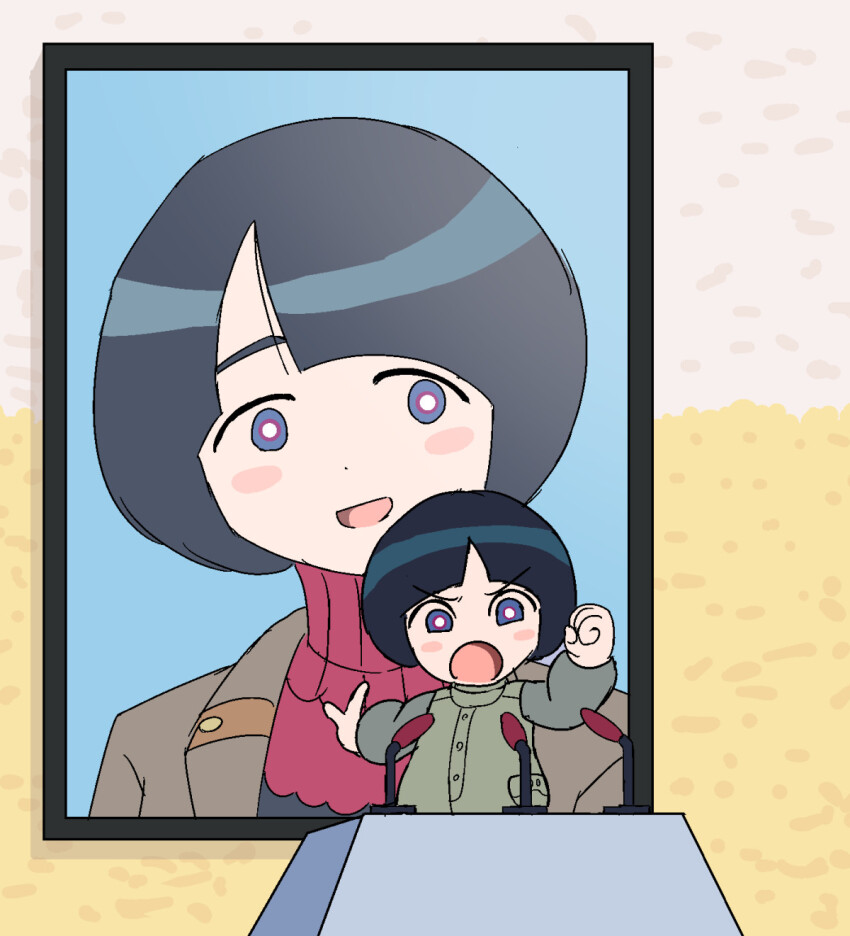 1boy 1girl :d angry arumike_(arumi) black_hair blue_eyes blush_stickers child clenched_hand commentary_request green_jacket green_shirt gundam gundam_gquuuuuux hand_up highres iei jacket looking_ahead microphone mobile_suit_gundam mother_and_son open_mouth podium red_shirt scene_reference shiiko_sugai shirt short_hair smile turtleneck