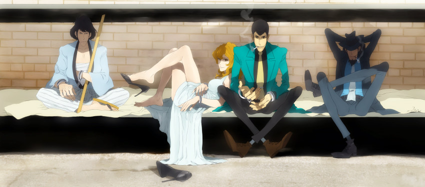 1girl 3boys arsene_lupin_iii barefoot beard black_hair cigarette crossed_legs cuffs dress facial_hair faddawdle formal_clothes green_jacket handcuffs highres ishikawa_goemon_xiii jacket jigen_daisuke lupin_iii mine_fujiko multiple_boys necktie prison shoe_dangle shoes single_shoe sitting smoking suit tms_entertainment yellow_necktie