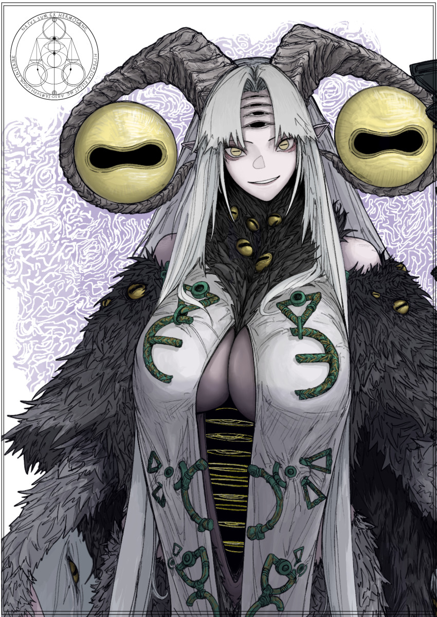 1girl absurdres alternate_form bare_shoulders black_border body_piercings border breasts cleavage commentary curtained_hair disembodied_eye dogbane elden_ring elden_ring_nightreign extra_eyes genderswap genderswap_(mtf) goat_horns goat_legs highres horizontal_pupils horns large_breasts libra_(elden_ring) long_hair monster monster_focus sigil smile very_big_eyes white_hair yellow_eyes