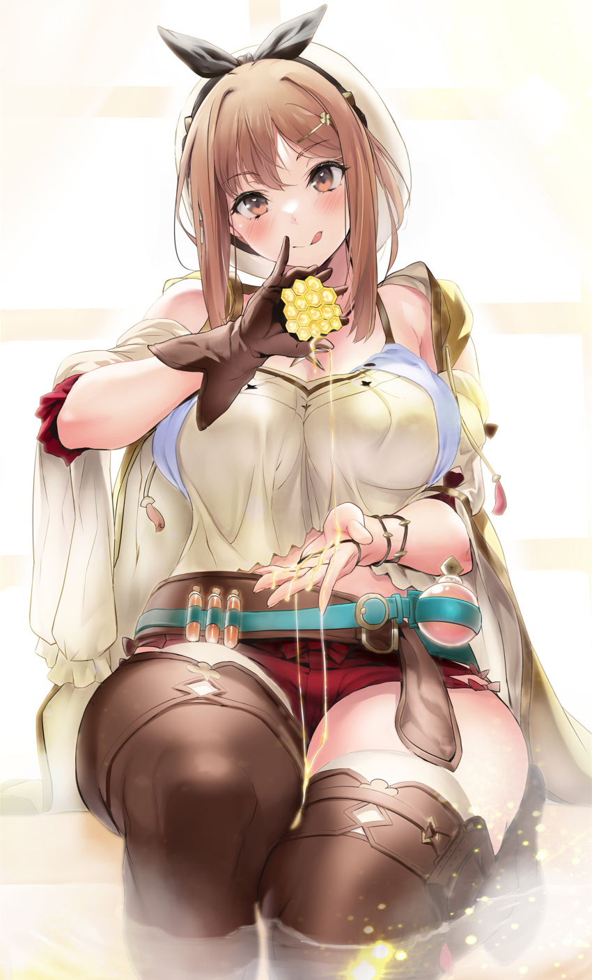 1girl :q atelier_(series) atelier_ryza atelier_ryza_1 belt beret blush breasts brown_belt brown_eyes brown_gloves brown_hair brown_thighhighs cleavage gloves hair_ornament hairclip hat highres honey honeycomb_(object) jewelry large_breasts licking_lips looking_at_viewer necklace red_shorts reisalin_stout shino_(comic_penguin_club) short_hair short_shorts shorts single_glove sitting smile solo star_(symbol) star_necklace test_tube thick_thighs thighhighs thighs tongue tongue_out water white_hat