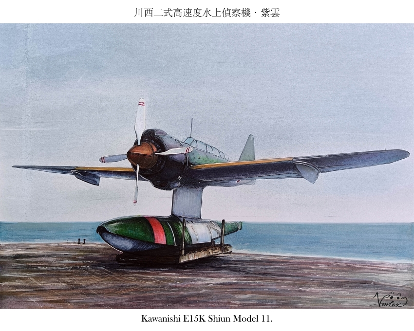 absurdres aircraft airplane english_text floatplane highres imperial_japanese_navy kawanishi_e15k military no_humans ocean oil_painting_(medium) original outdoors painting_(medium) photo-referenced pier propeller seaplane traditional_media vehicle_focus vortex_(xu_xuanwo)