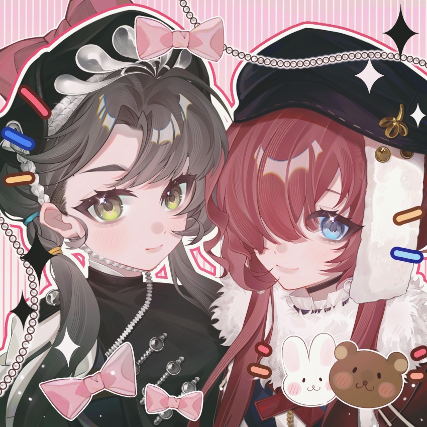 2girls artist_request bear beret black_dress black_hair black_hat blue_eyes bow newsboy_cap cape chin_strap commission cross_tie dress fur-trimmed_cape fur_trim green_eyes hair_over_one_eye hat highres liang_yue_(reverse:1999) long_hair long_sidelocks looking_at_viewer low_twintails multiple_girls one_eye_covered pink_background pink_bow police police_uniform policewoman rabbit red_hair reverse:1999 second-party_source sidelocks smile sparkle striped_background twintails upper_body vertical-striped_background yenisei_(reverse:1999)