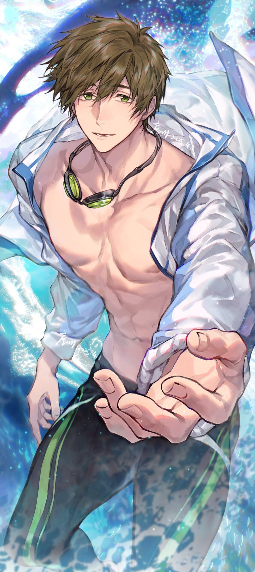 1boy abs absurdres artist_name brown_hair collarbone commentary_request dated free! goggles goggles_around_neck green_eyes hair_between_eyes highres jacket legskin lower_teeth_only male_focus male_swimwear open_clothes open_jacket outstretched_arm parted_lips pectorals reaching reaching_towards_viewer short_hair solo tachibana_makoto teeth white_jacket xuchuan