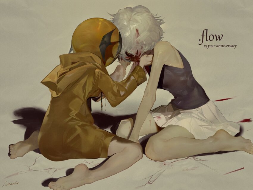 .flow 2girls anniversary arms_up bare_shoulders barefoot bleeding blood blood_drip blood_in_hair blood_on_clothes blood_on_face blood_on_ground commentary diving_helmet english_commentary english_text faceless faceless_female feet flipped_hair from_side grey_background hair_over_face hand_on_ground hands_on_another&#039;s_face hands_up helmet hizashi9345 hood jacket knees leaning_forward long_sleeves messy_hair miniskirt multiple_girls oreko pleated_skirt sabitsuki shadow short_hair sitting skirt sleeveless wariza white_hair white_skirt winged_helmet yellow_jacket