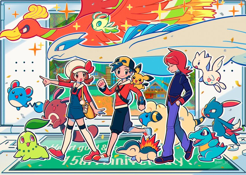 1girl 2boys :d anniversary backwards_hat bag baseball_cap black_hair black_hat black_jacket black_pants blue_overalls bow brown_eyes brown_hair cabbie_hat celebi chikorita chueog closed_mouth commentary cowlick creatures_(company) cyndaquil ethan_(pokemon) flying game_freak gen_2_pokemon handheld_game_console hands_in_pockets hat hat_bow hat_ribbon highres ho-oh jacket legendary_pokemon long_hair lugia lyra_(pokemon) mareep marill medium_hair multiple_boys mythical_pokemon nintendo nintendo_ds on_shoulder open_mouth overalls pants pichu pointing pokegear pokemon pokemon_(creature) pokemon_hgss pokemon_on_shoulder purple_pants red_bow red_footwear red_hair red_jacket red_ribbon red_shirt ribbon sentret shirt shoes short_hair silver_(pokemon) three-quarter_sleeves smile sneasel sparkle thighhighs togetic totodile turtleneck turtleneck_jacket twintails walking white_hat white_thighhighs yellow_bag