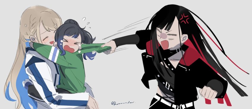 &gt;_&lt; 3girls azusawa_kohane black_hair black_jacket black_shirt blue_hair blush braid child closed_eyes colored_inner_hair commentary_request gradient_hair green_hoodie grey_background highres hood hood_down hoodie jacket jingzhaowhale long_hair mother_and_daughter multicolored_hair multiple_girls official_alternate_costume official_alternate_hairstyle open_mouth ponytail project_sekai red_hair science_babies shiraishi_an shirt whip_the_wimp_girl!!_(project_sekai) white_jacket yuri