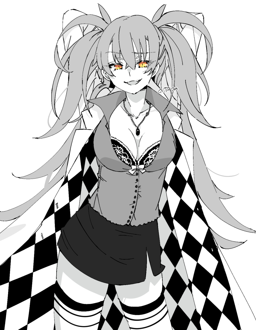 1girl bra bra_visible_through_clothes breasts citron80citron collar dr._arach greyscale highres large_breasts long_hair looking_at_viewer monochrome smug tsukihime tsukihime_(remake) underwear white_background