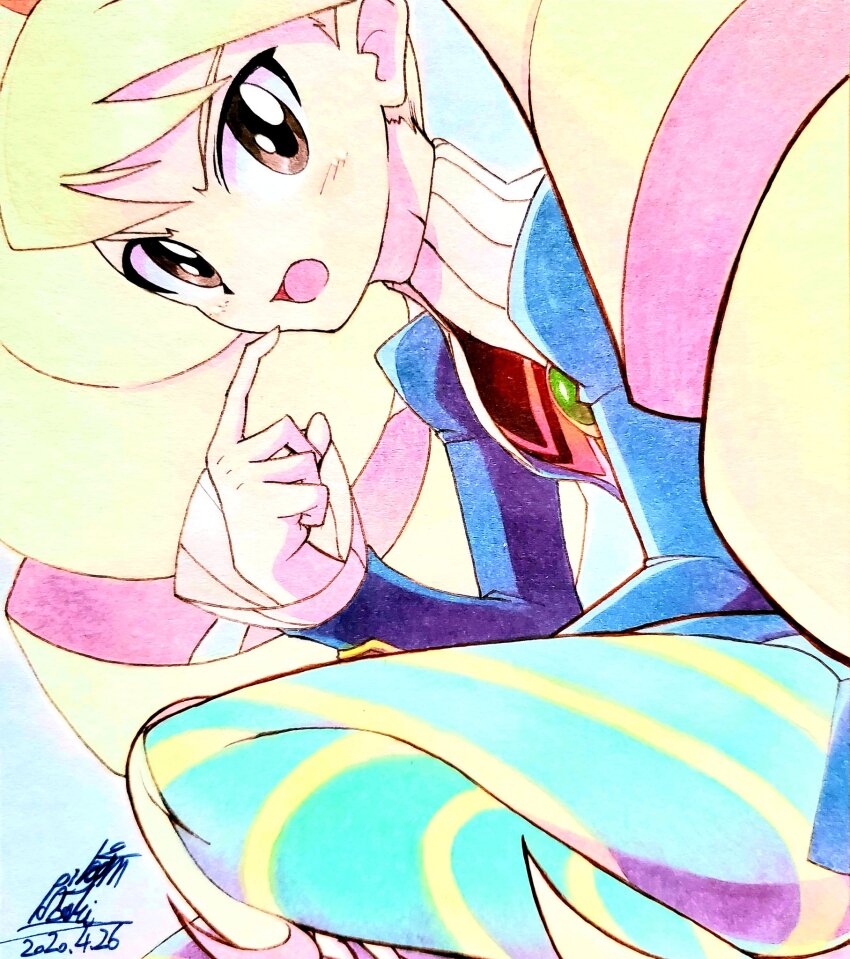 025aki 1girl blonde_hair blue_background blush dated drill_hair highres long_hair looking_at_viewer luna_platz_(mega_man) mega_man_(series) mega_man_star_force_(series) open_mouth pantyhose signature striped_clothes striped_pantyhose twin_drills very_long_hair